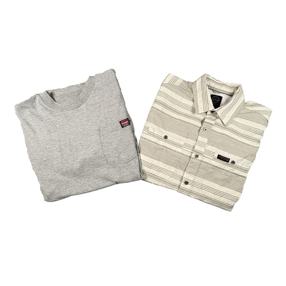 LOT OF 2 Wrangler Men's M Gray Workwear/Outdoor Button Up & T Shirt SEE DESCRIPT